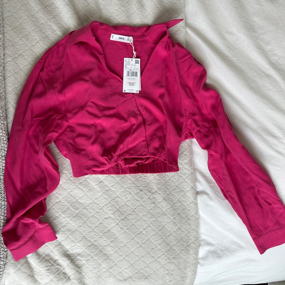 Hot Pink Cropped Collared Long Sleeve